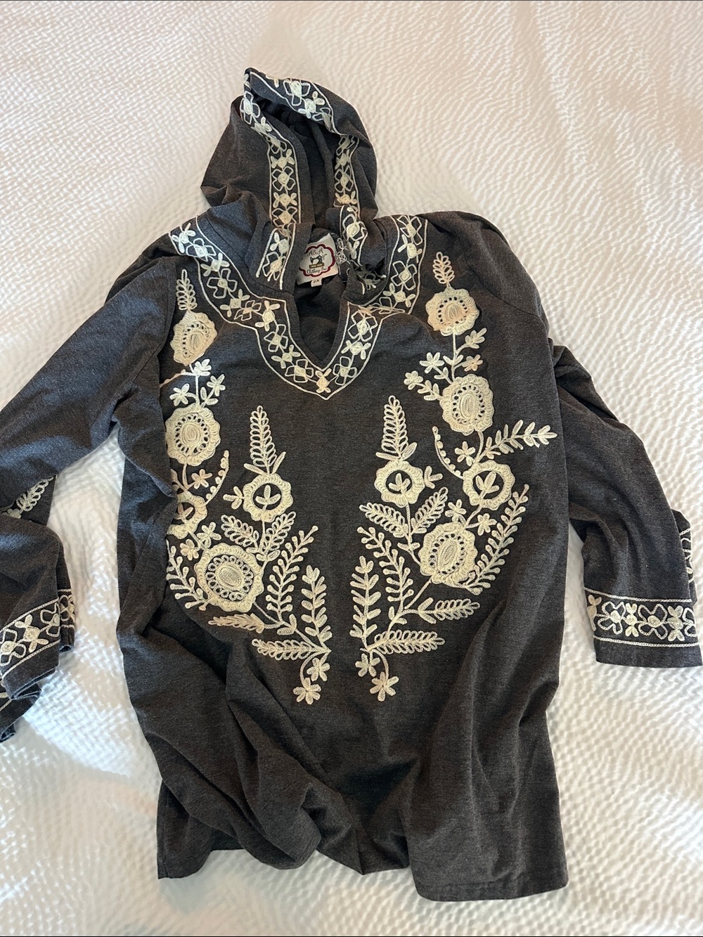 Cowl-Neck Embroidered Tunic Sweater in Dark Gray with Cream Accents